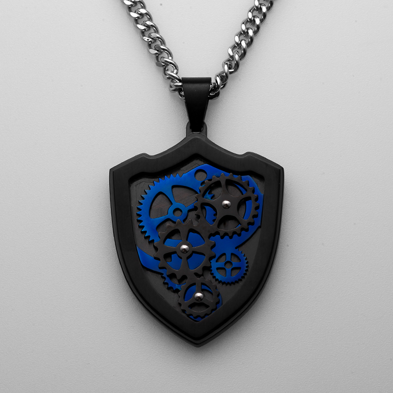 Pingente de aço inoxidável de engrenagem colar preto e azul de dois tons joias pingentes masculinos criativos